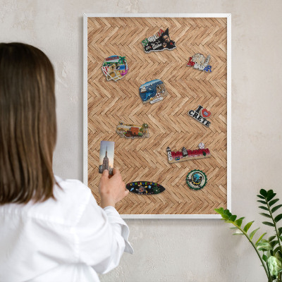 Magnetic board for travel magnets in a white frame Herringbone pattern