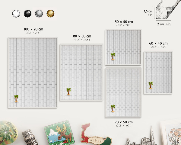 Magnetic board for travel magnets in a white frame White bricks