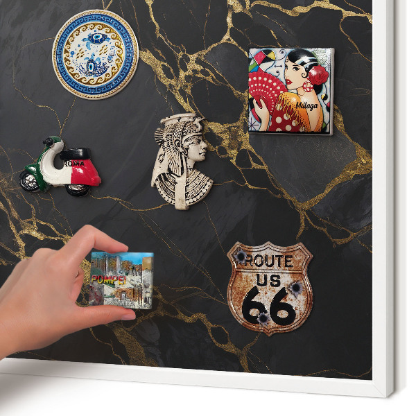Magnetic board for travel magnets in a white frame Black marble