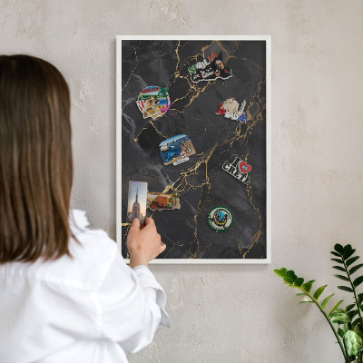 Magnetic board for travel magnets in a white frame Black marble