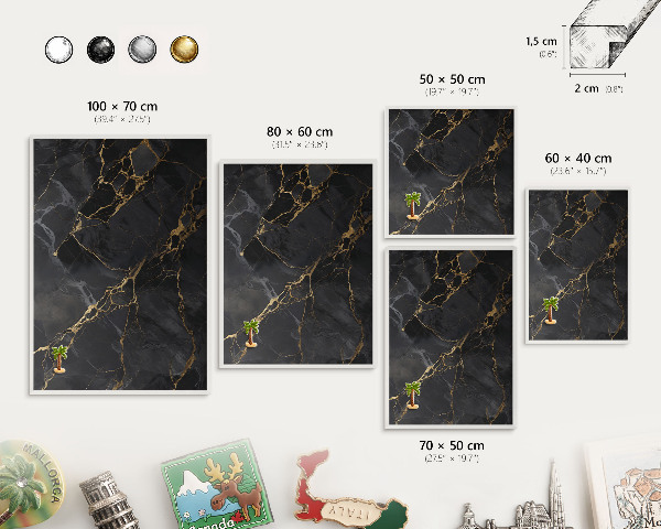 Magnetic board for travel magnets in a white frame Black marble