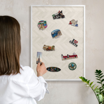 Magnetic board for travel magnets in a white frame Subtle herringbone