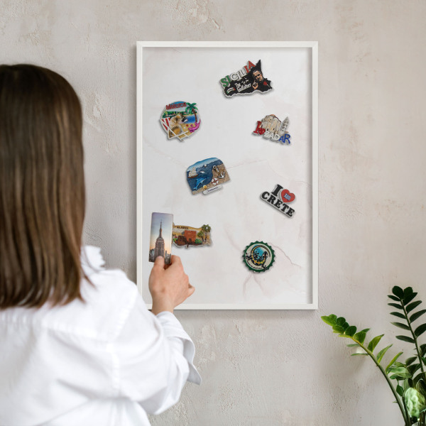 Magnetic board for travel magnets in a white frame Marble elegance