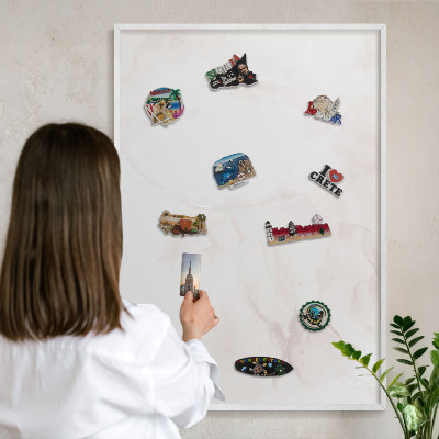 Magnetic board for travel magnets in a white frame Marble elegance