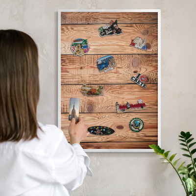 Decorative magnet board with a white frame Wooden boards