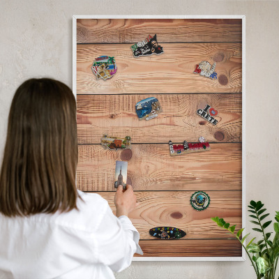 Decorative magnet board with a white frame Wooden boards