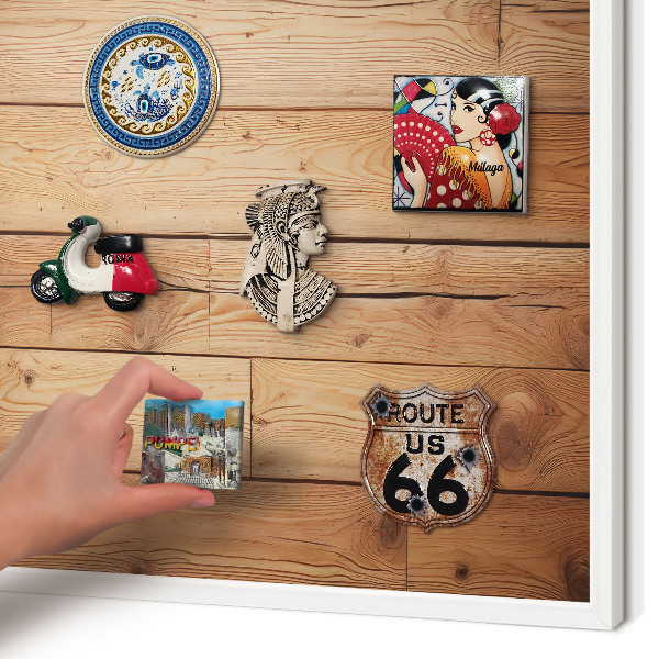 Magnetic board for travel magnets in a white frame Wooden boards