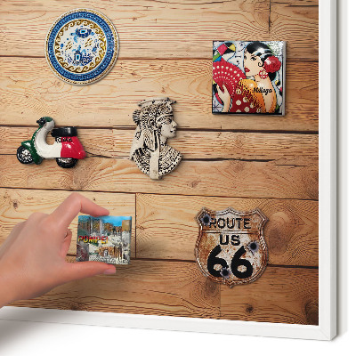 Magnetic board for travel magnets in a white frame Wooden boards