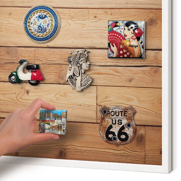 Magnetic board for travel magnets in a white frame Wooden boards
