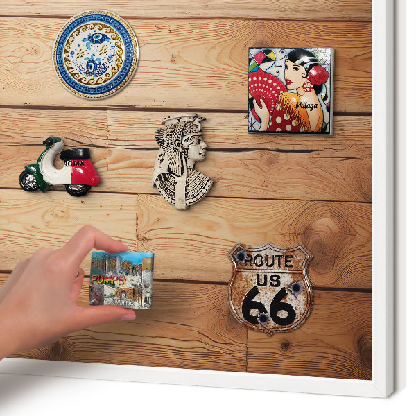 Magnetic board for travel magnets in a white frame Wooden boards