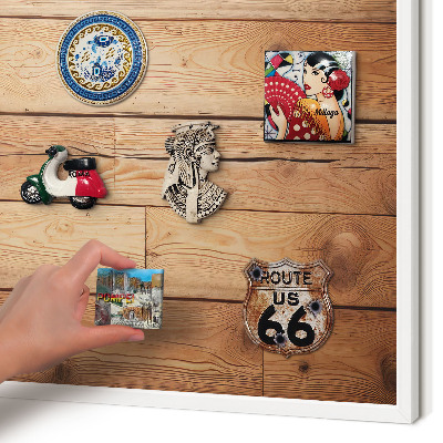 Magnetic board for travel magnets in a white frame Wooden boards