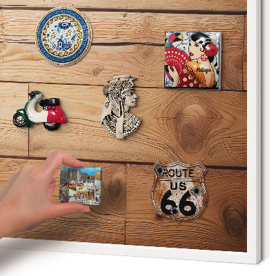Magnetic board for travel magnets in a white frame Wooden boards