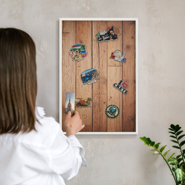 Magnetic board for travel magnets in a white frame Wooden boards