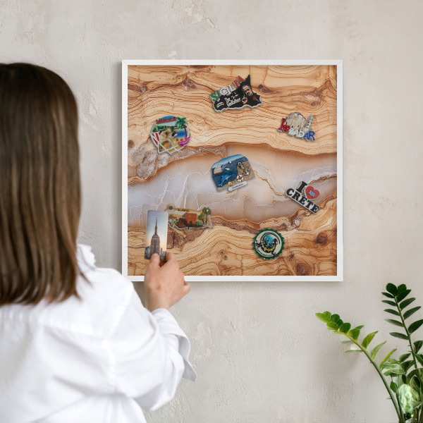 Decorative magnet board with a white frame Wooden elegance
