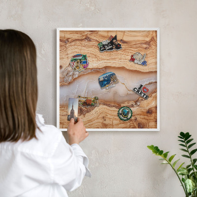 Decorative magnet board with a white frame Wooden elegance