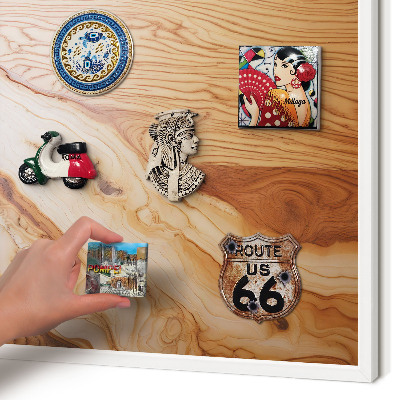 Magnetic board for travel magnets in a white frame Wooden texture