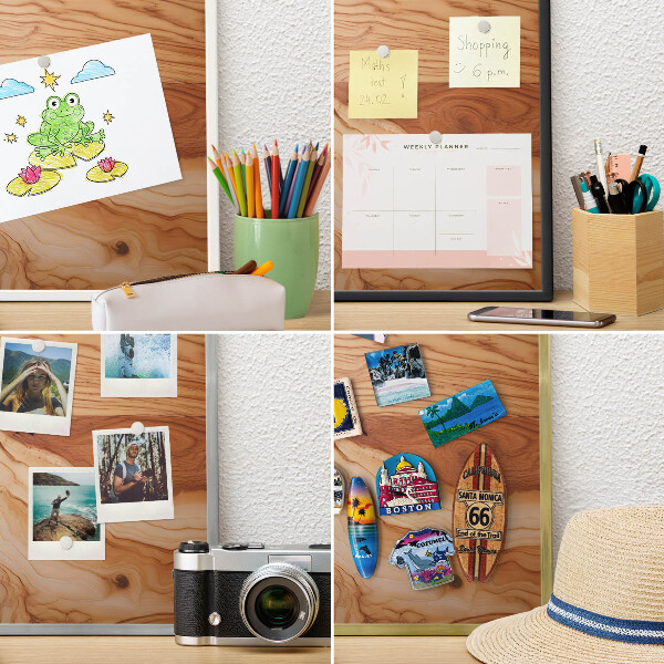 Magnetic board for travel magnets in a white frame Wooden texture