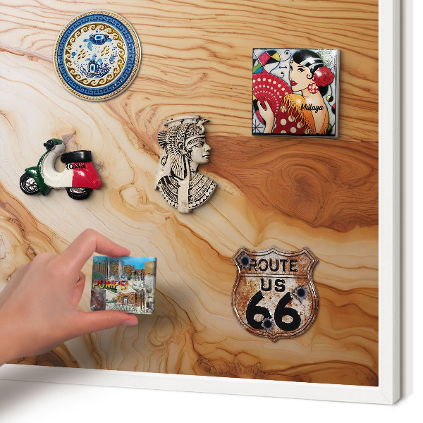 Magnetic board for travel magnets in a white frame Wooden texture