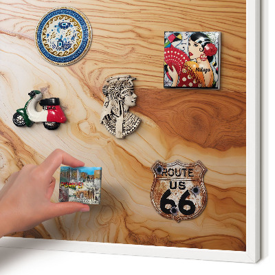 Magnetic board for travel magnets in a white frame Wooden texture