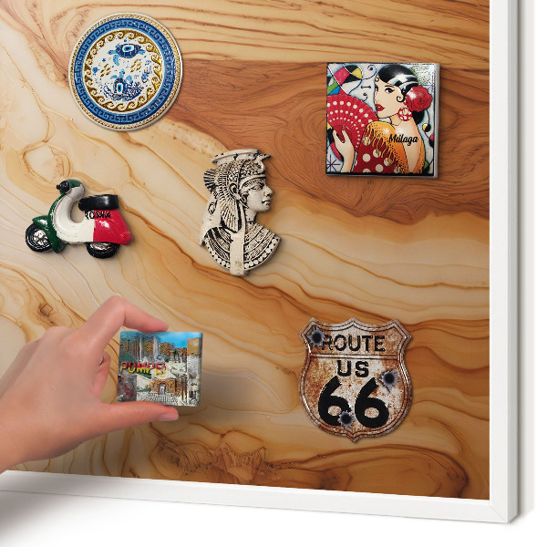 Magnetic board for travel magnets in a white frame Wooden texture