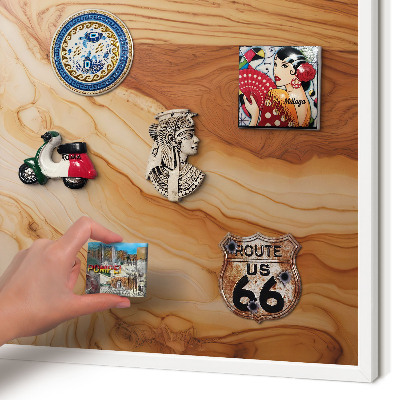 Magnetic board for travel magnets in a white frame Wooden texture