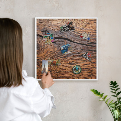 Decorative magnet board with a white frame Wood texture