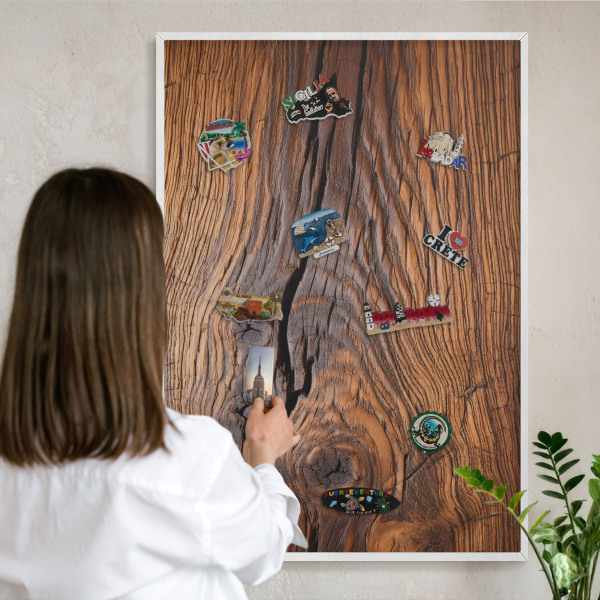 Decorative magnet board with a white frame Wood texture