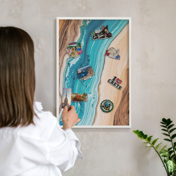 Magnetic board for travel magnets in a white frame Earth's layers