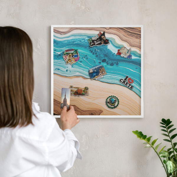 Magnetic board for travel magnets in a white frame Earth's layers