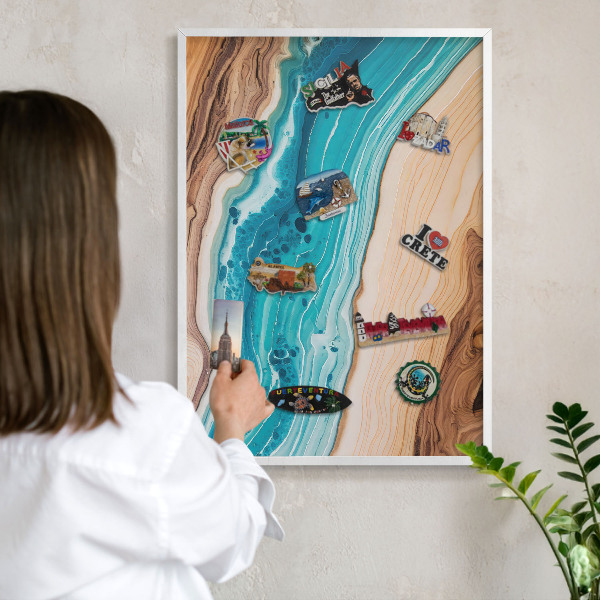 Magnetic board for travel magnets in a white frame Earth's layers