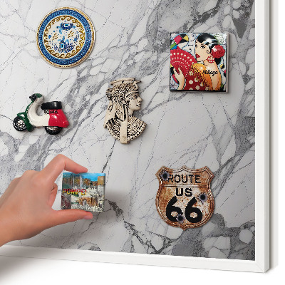 Magnetic board for travel magnets in a white frame Marble elegance