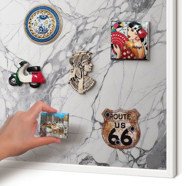 Magnetic board for travel magnets in a white frame Marble elegance