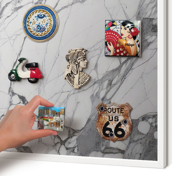 Magnetic board for travel magnets in a white frame Marble elegance