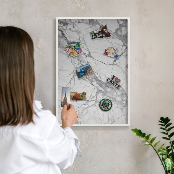 Magnetic board for travel magnets in a white frame Marble elegance