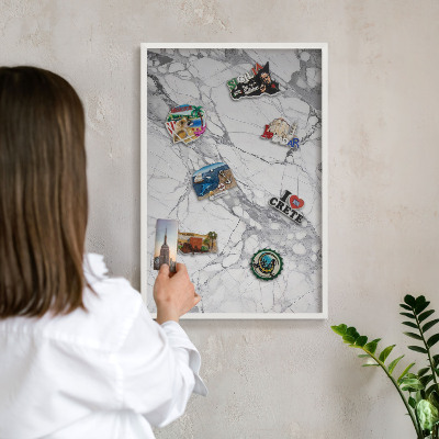 Magnetic board for travel magnets in a white frame Marble elegance