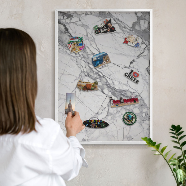 Magnetic board for travel magnets in a white frame Marble elegance