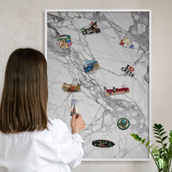 Magnetic board for travel magnets in a white frame Marble elegance