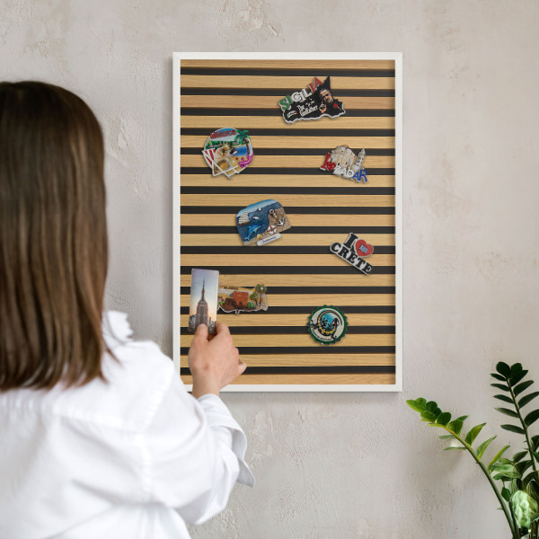 Magnetic board for travel magnets in a white frame Wooden rhythms