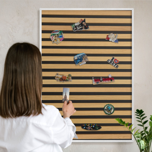 Magnetic board for travel magnets in a white frame Wooden rhythms