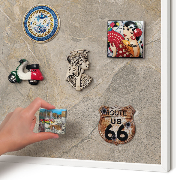 Magnetic board for travel magnets in a white frame Beige stone