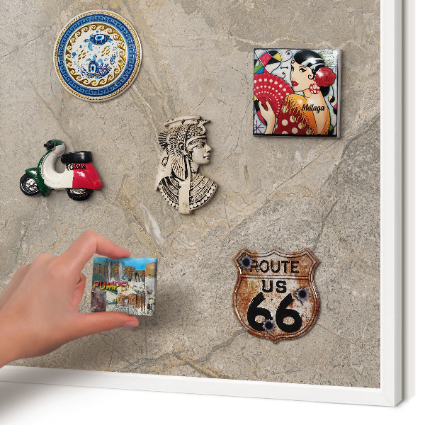 Magnetic board for travel magnets in a white frame Beige stone