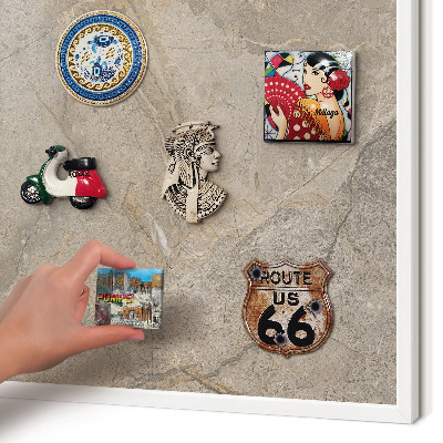 Magnetic board for travel magnets in a white frame Beige stone