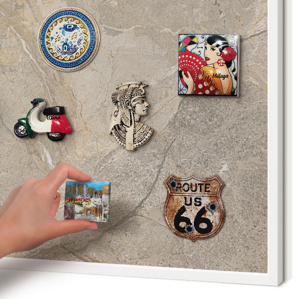 Magnetic board for travel magnets in a white frame Beige stone