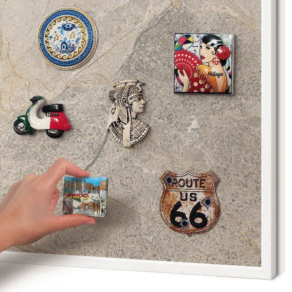 Magnetic board for travel magnets in a white frame Beige stone