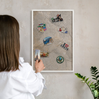 Magnetic board for travel magnets in a white frame Beige stone