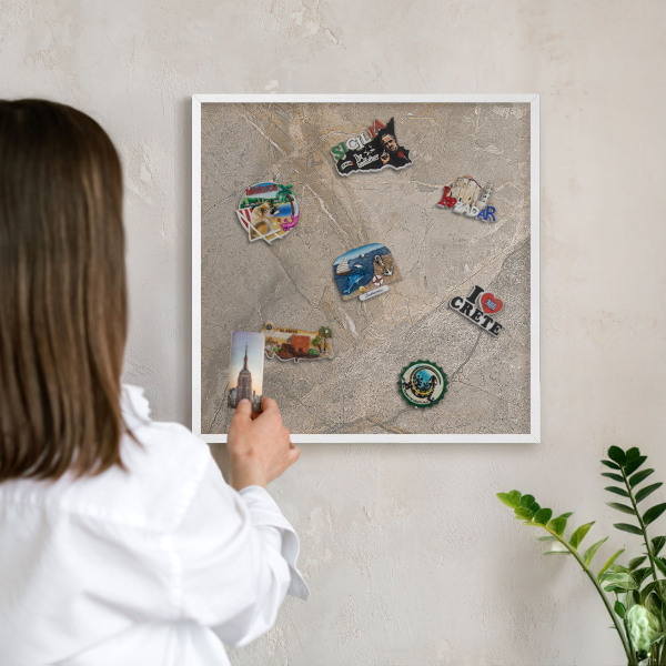 Magnetic board for travel magnets in a white frame Beige stone