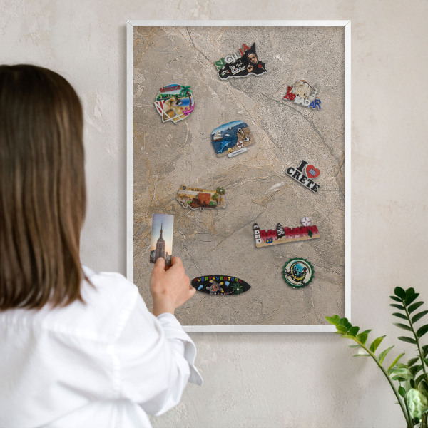 Magnetic board for travel magnets in a white frame Beige stone