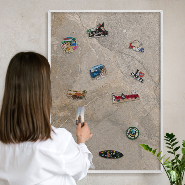 Magnetic board for travel magnets in a white frame Beige stone