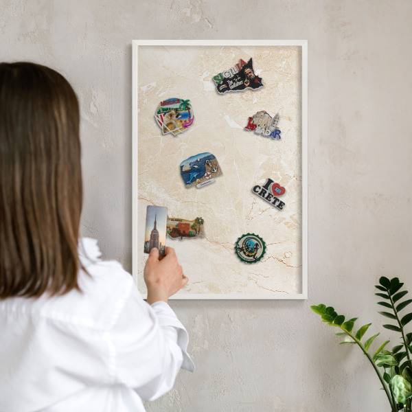 Decorative magnet board with a white frame Delicate marble