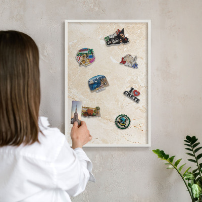 Decorative magnet board with a white frame Delicate marble